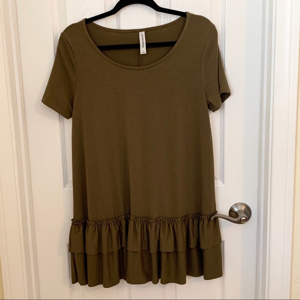 Zenana Premium Olive Green Ruffle Tunic Large